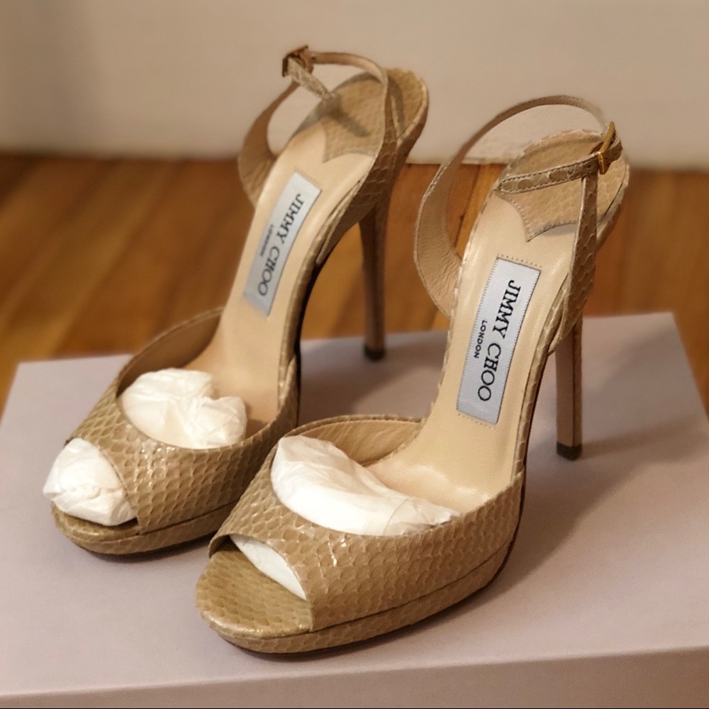 {Jimmy Choo} Elaphe Snake Nude Heeled Sandals